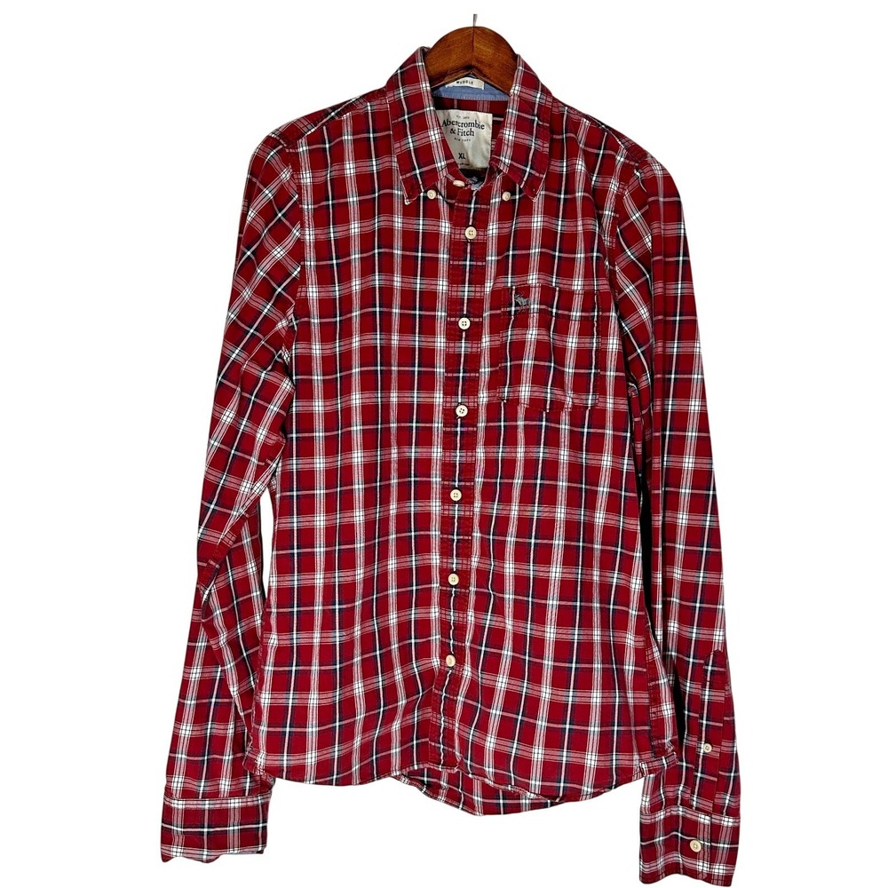 Abercrombie & Fitch Button Down Mens XL Red Plaid Excellent Muscle Fit Shirt